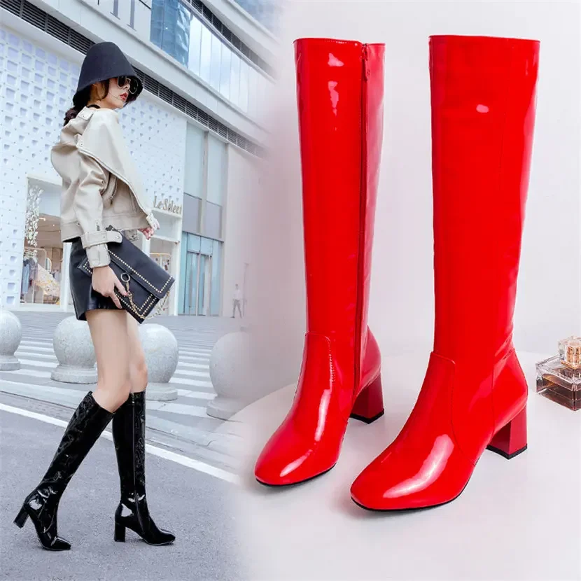 Red White Patent Leather Women - Knee High Boots Women recension och pris